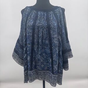 Elie Tahari Top Women Large Blue Floral Relaxed Fit Cold Shoulder Fairy Peasant